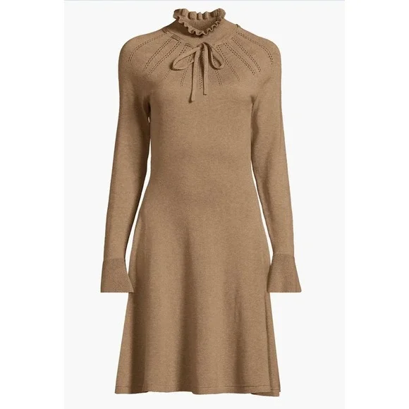 Lands' EndTaupe Brown Ruffle Mock Neck Front A-Line Long Sleeve Sweater Dress - Picture 4 of 6
